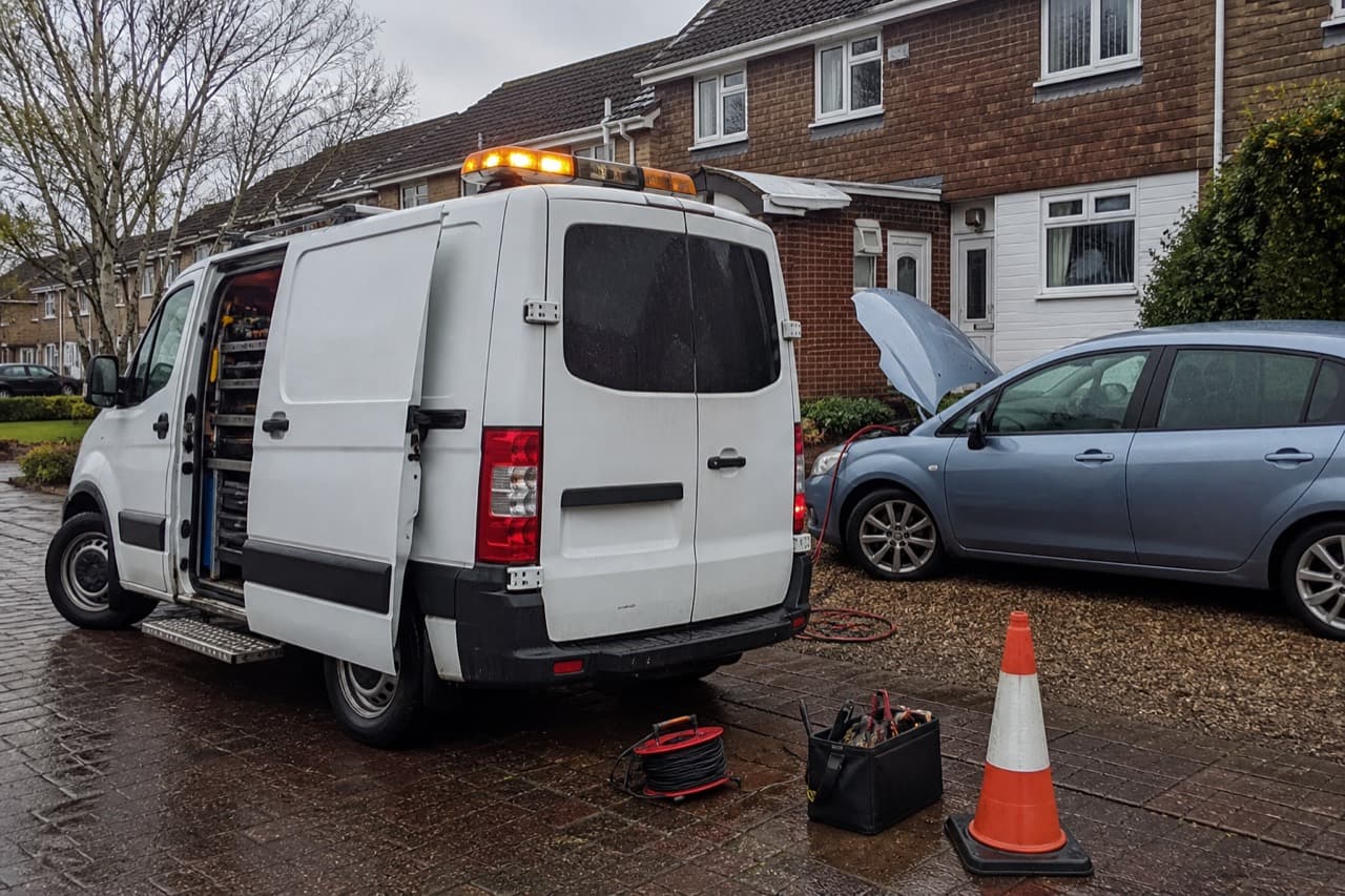 Light recovery service van attending a car on a driveway
