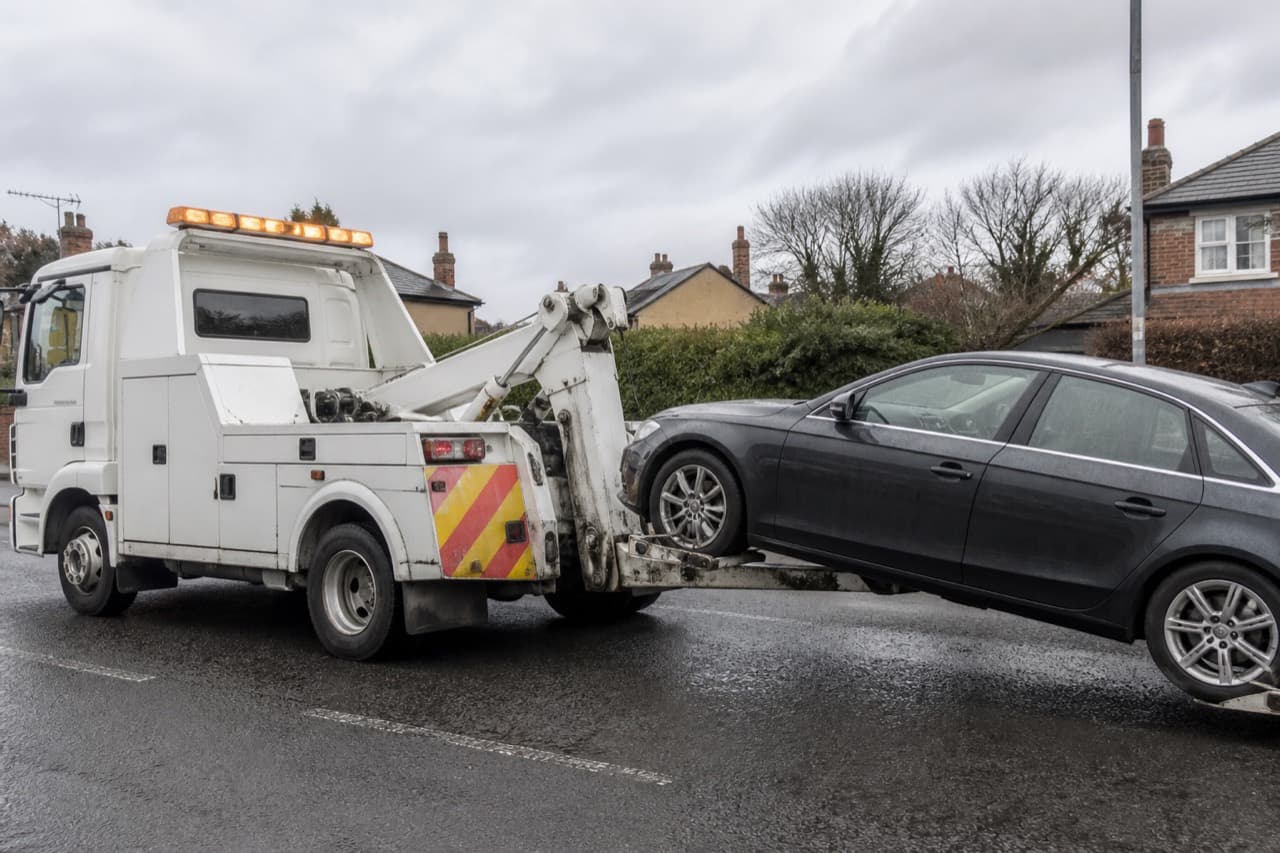 Underlift recovery truck lifting the front of a car